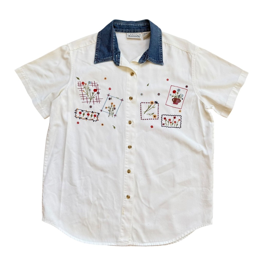 Basic Editions Womens White Floral Embroidered Denim Collar Button Up Shirt M